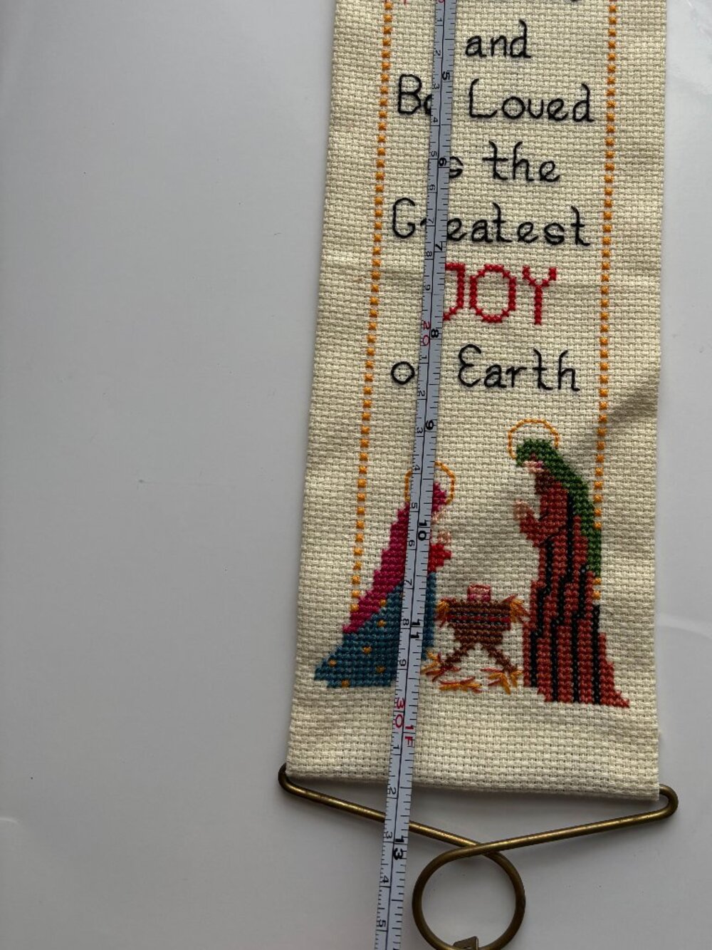 Vintage Handmade Cross Stitch Nativity Wall Hanging with Brass Hanger & Bell – C - Picture 5 of 6